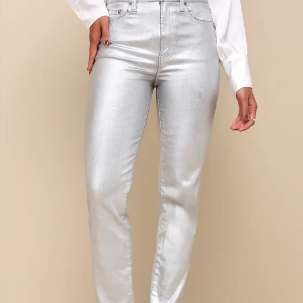 Daze Denim Smarty Pants Silver Coated High-Rise Straight Leg Jeans - Picture 2 of 4